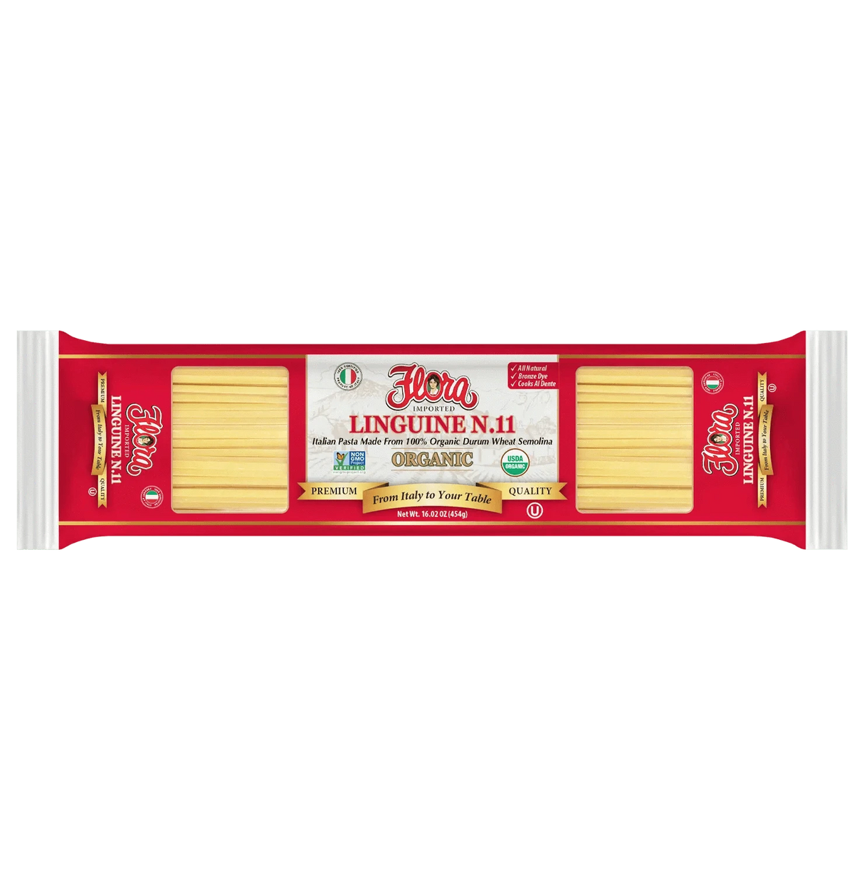 Organic Flora Foods Linguine Pasta No. 11 in 16 oz package, showcasing long, thin pasta strands ready for cooking.