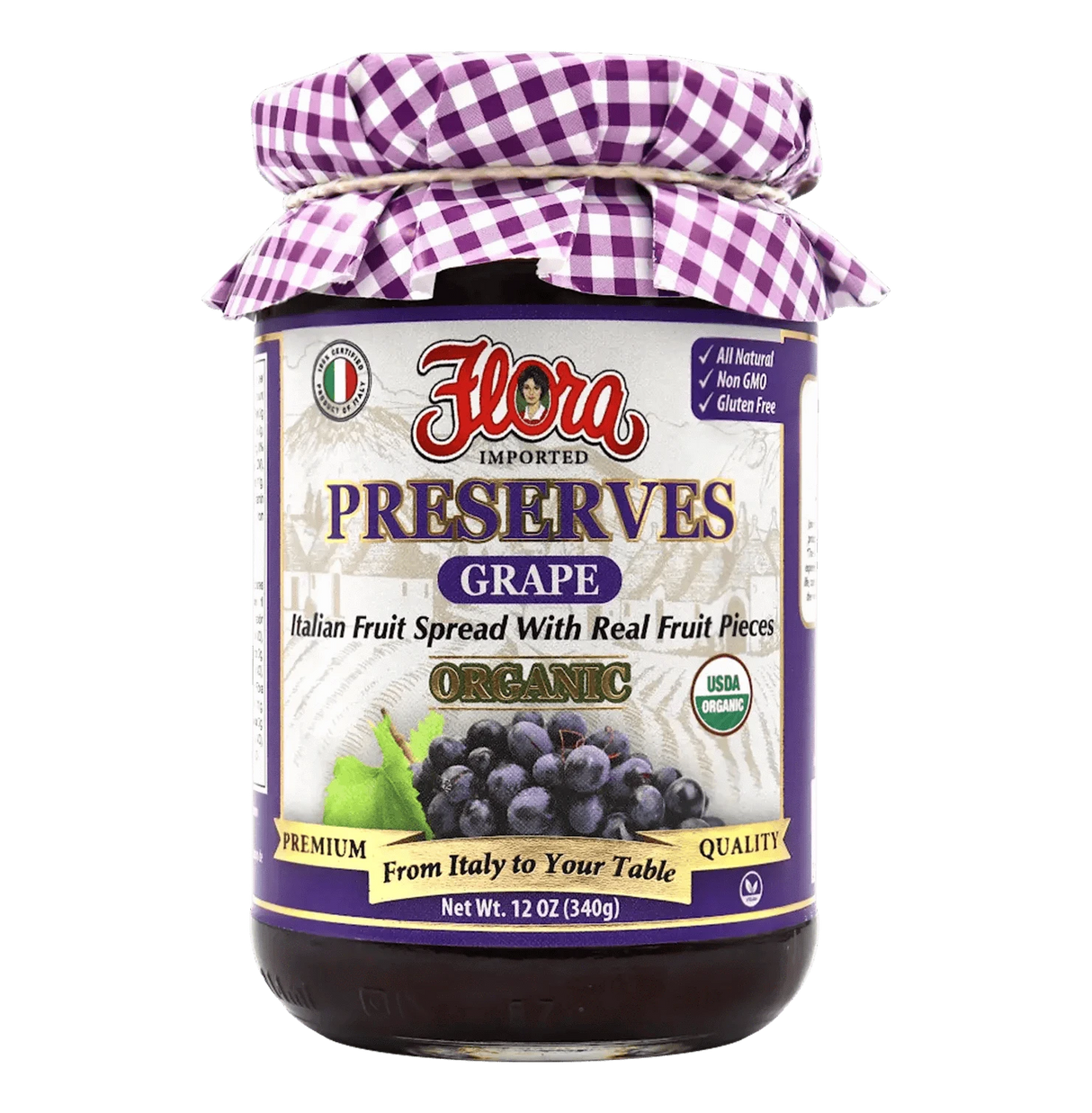 Organic grape preserves jar from Flora Foods, 12 oz, with a label featuring fresh grapes and natural fruit spread inside.
