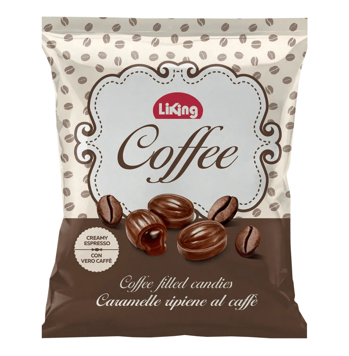 Flora Foods coffee-filled candies with espresso flavor in a 5.29 oz package, showcasing shiny candies with coffee filling inside.