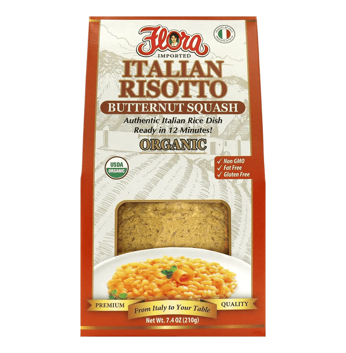 Organic Italian Risotto with butternut squash by Flora Foods, showing a prepared dish with creamy orange risotto and squash pieces.