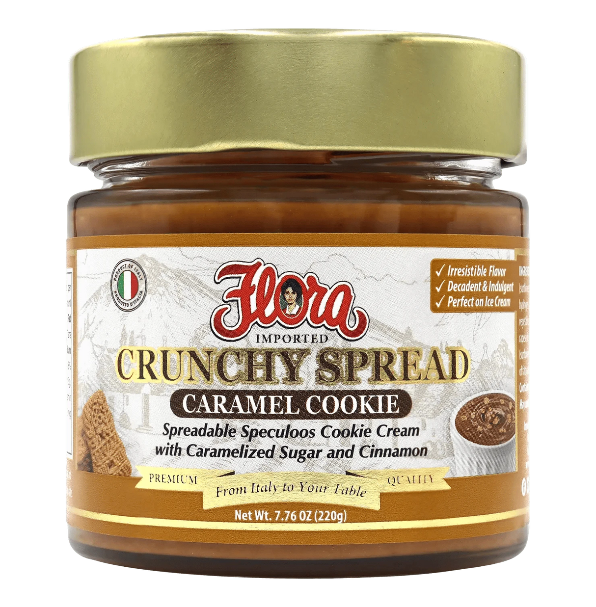 Flora Foods caramel cookie crunchy spread jar showing creamy caramel and cookie bits, 7.76 oz.