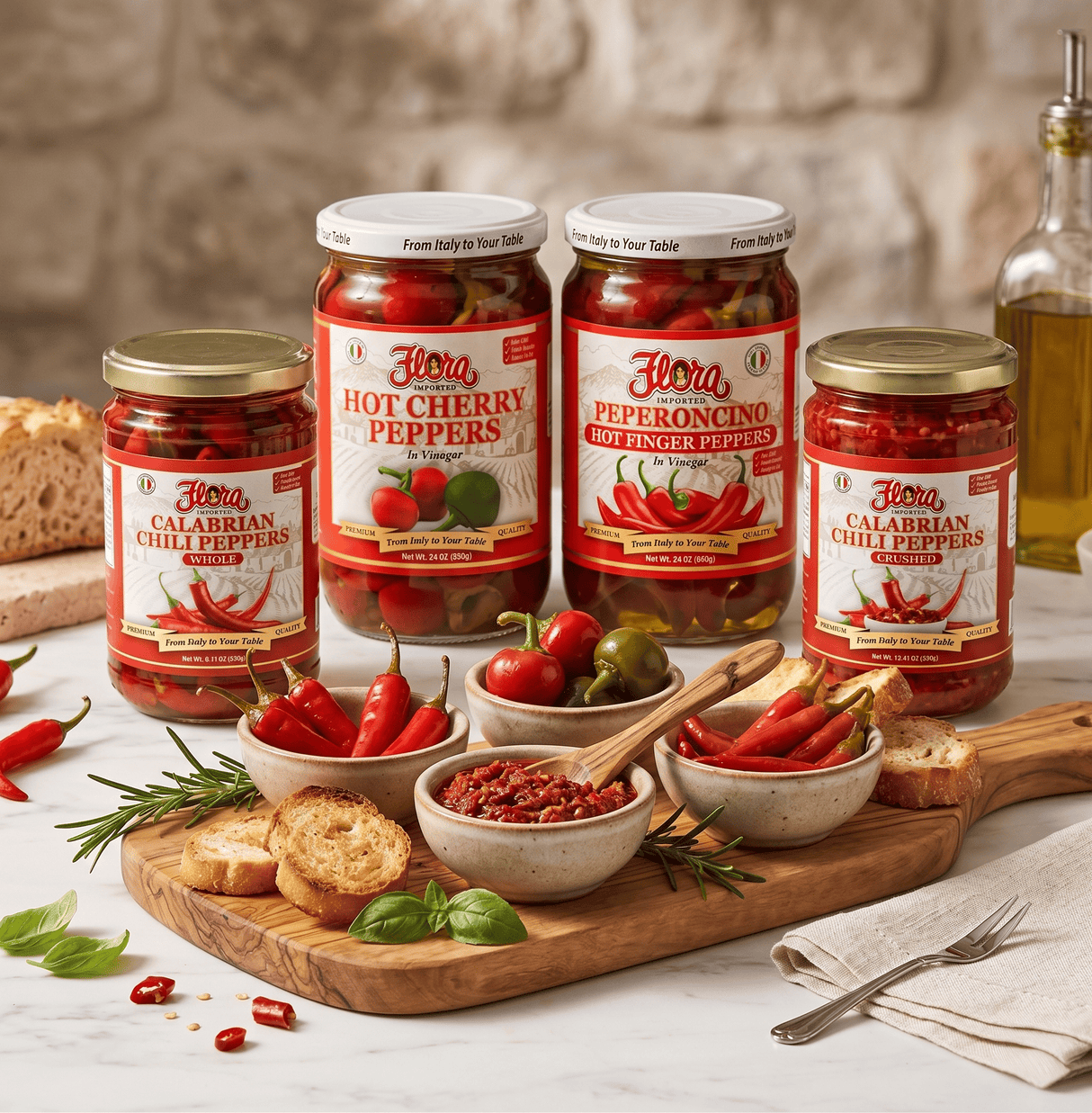 Calabrian Heat Kit by Flora Foods with chili peppers, spices, and ingredients for cooking or flavoring dishes.