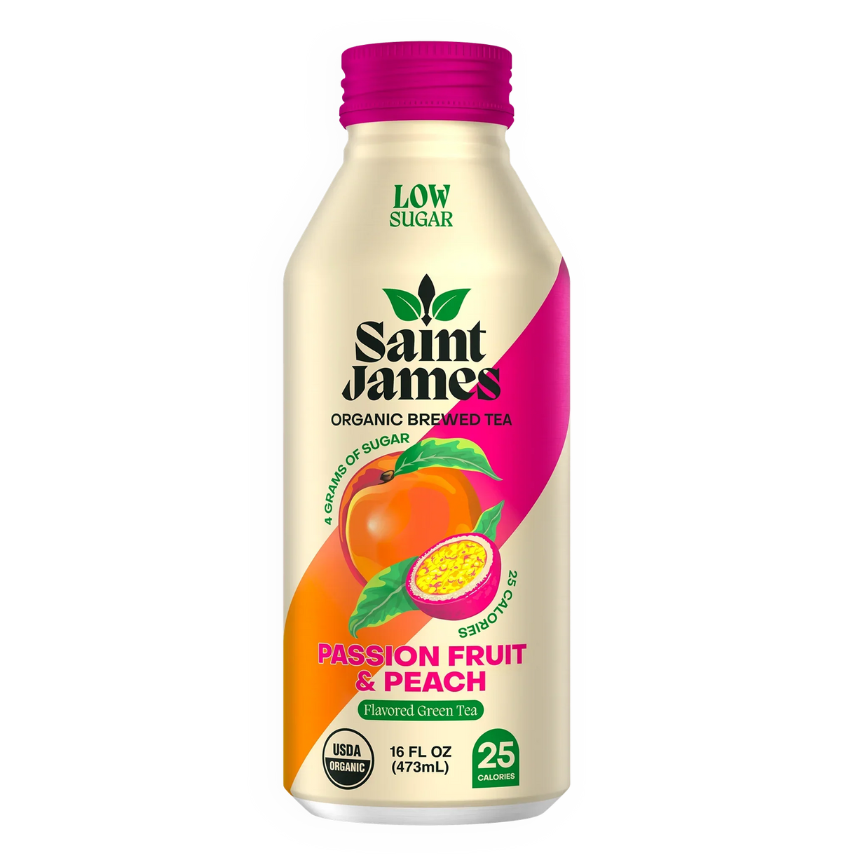 Saint James Organic Brewed Tea - Passion Fruit & Peach Green Tea - 16 Fl Oz