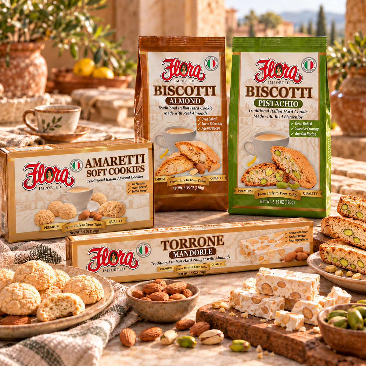 Almond & Amaretti Table Assortment — almond and pistachio biscotti, soft almond amaretti and almond torrone