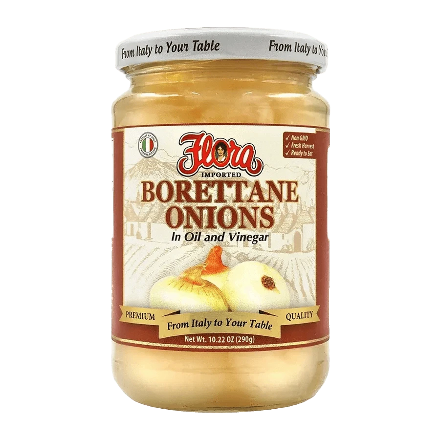 Borettane onions in oil and vinegar jar by Flora Foods, showcasing small, glossy onions submerged in flavorful marinade.