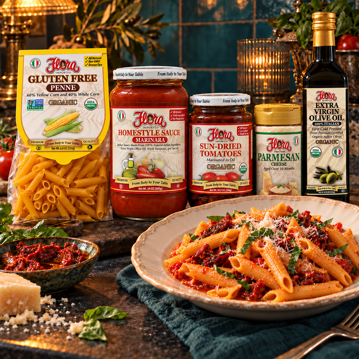 Corn Penne Rosso Italian Dinner Collection — included Flora products and serving suggestion