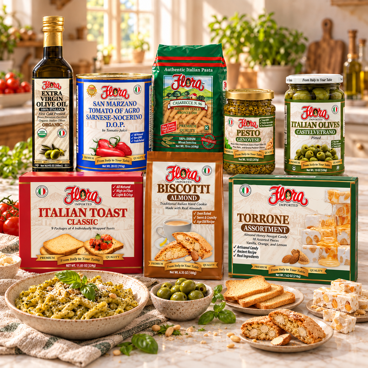 John Flora Grand Tour eight-product bundle with original Flora olive oil, tomatoes, Casarecce pasta, pesto, Castelvetrano olives, Italian toast, almond biscotti and torrone