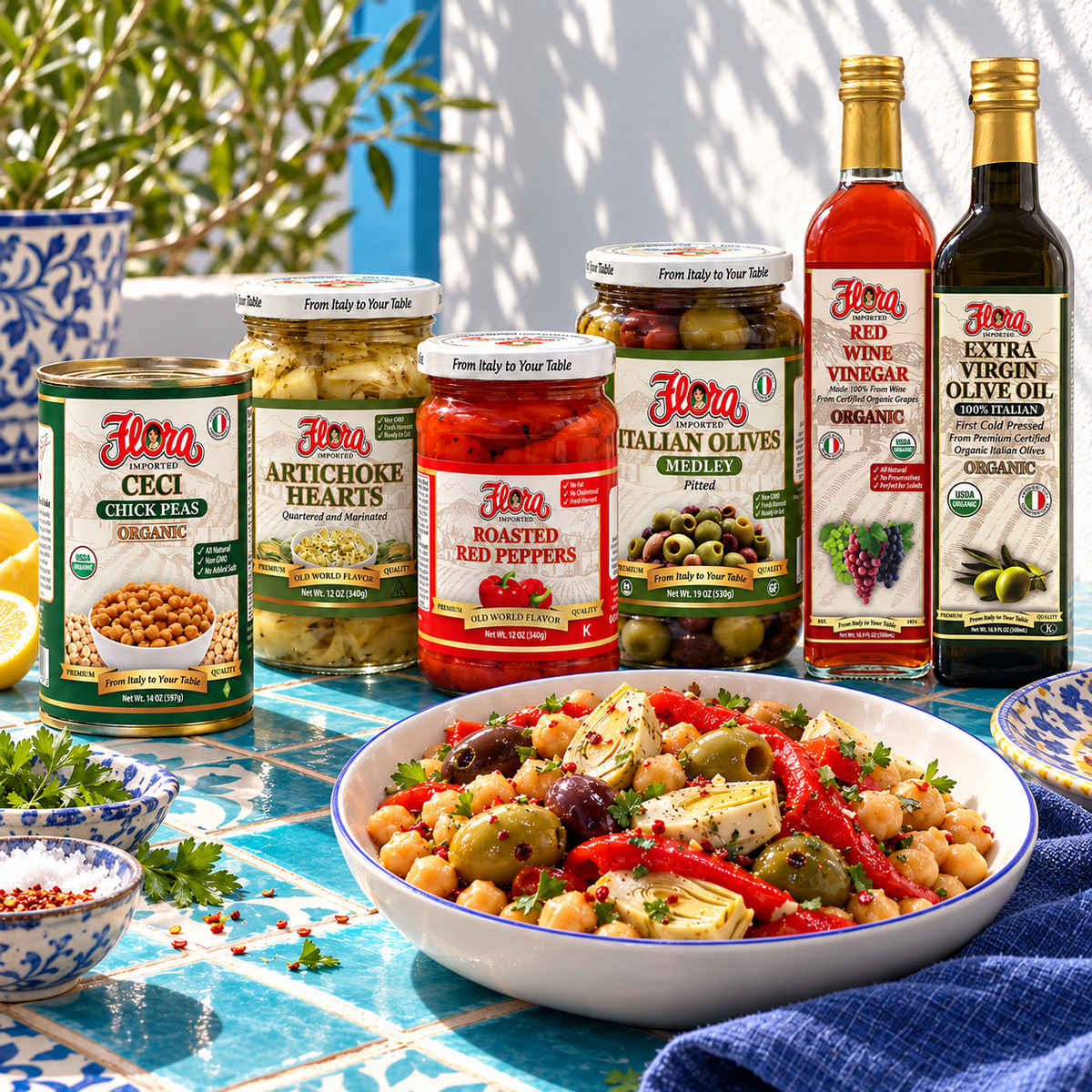 Mediterranean Chickpea Antipasto Bowl Set — included Flora products and recipe serving suggestion