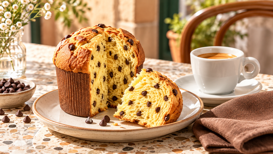 Flora mini panettone chocolate chip served with coffee, showing the correct chocolate chips interior