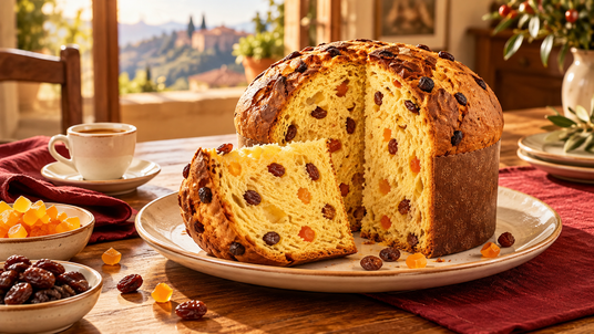 Flora panettone classic served with coffee, showing the correct raisins and candied fruit interior