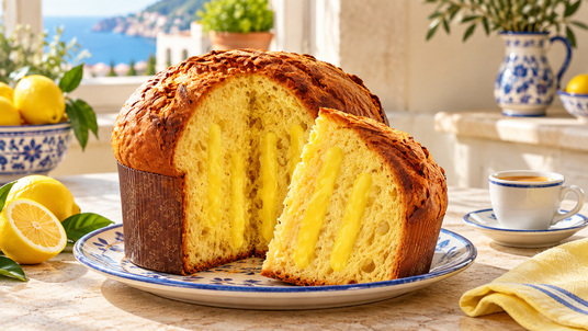 Flora panettone lemon served with coffee, showing the correct lemon cream interior