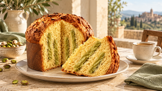 Flora panettone pistachio served with coffee, showing the correct pistachio cream interior