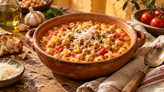Pasta e Ceci Rustic Soup Collection — finished recipe serving suggestion