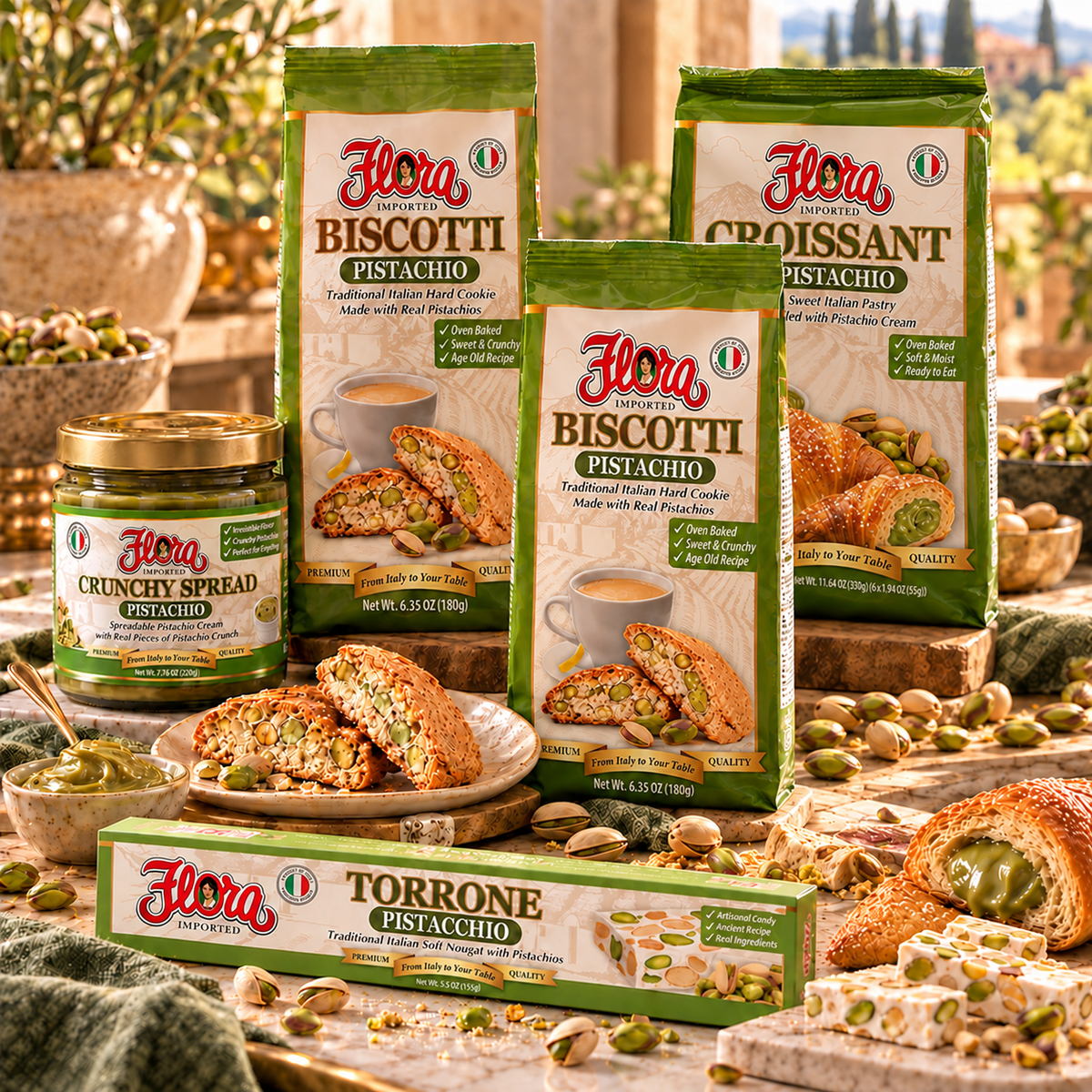 Pistachio Dream Box — two pistachio biscotti packages, crunchy spread, croissants and torrone