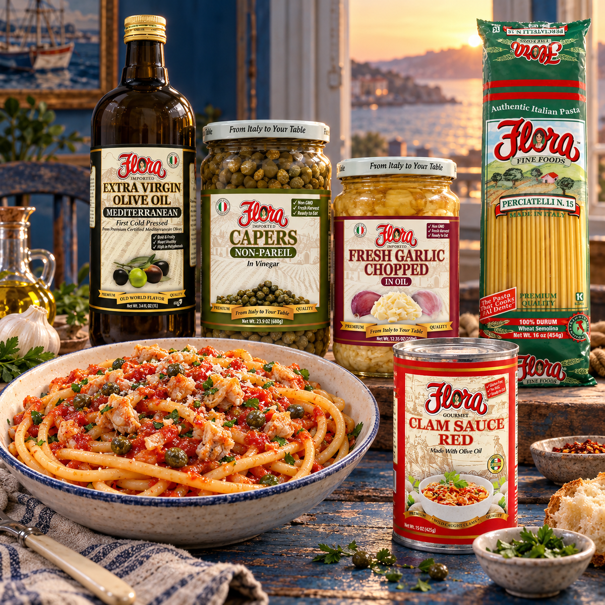 Red Clam Bucatini Seaside Supper Kit with original products and prepared pasta