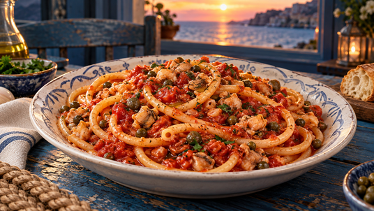 Prepared Red Clam Bucatini recipe serving suggestion