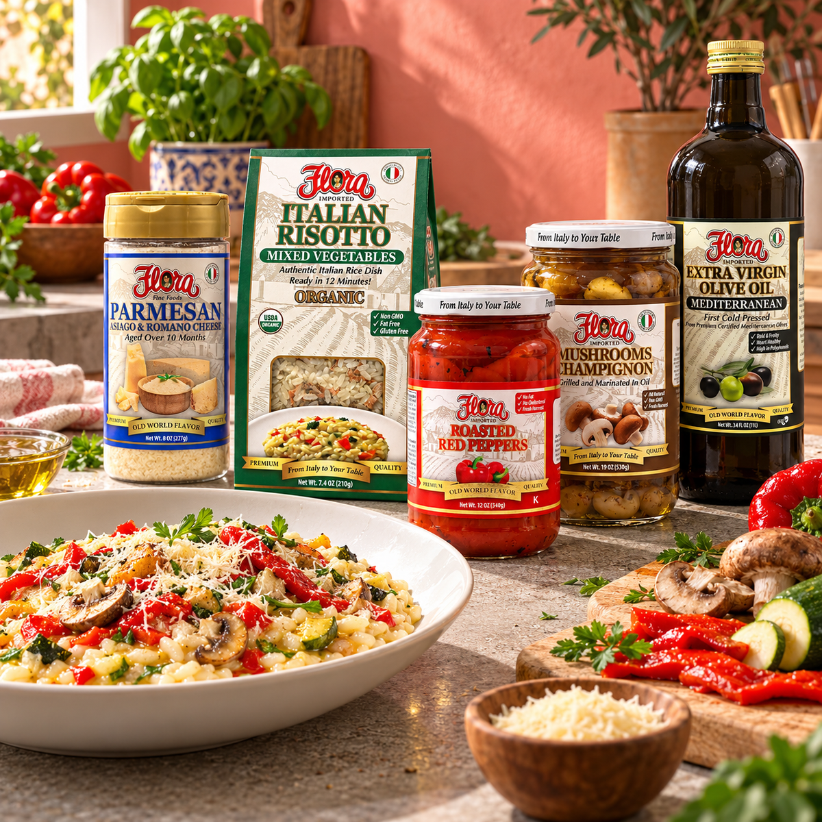 Roasted Garden Risotto Pantry Selection — included Flora products and recipe serving suggestion