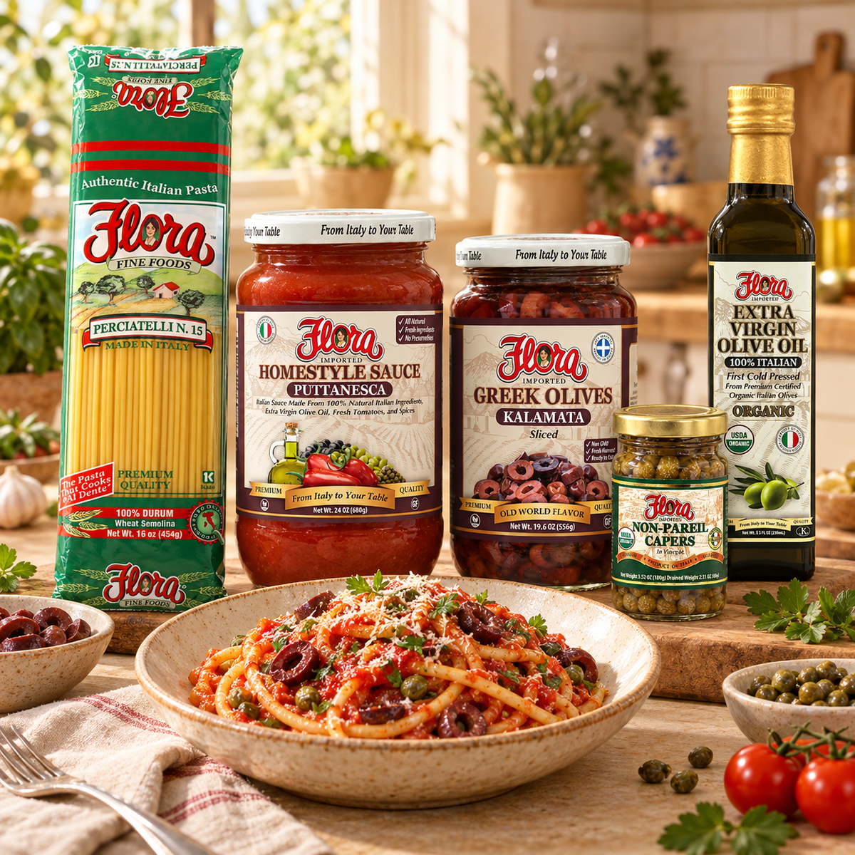 Rustic Puttanesca Supper bundle with Flora bucatini, Puttanesca sauce, sliced Kalamata olives, organic capers and organic Italian olive oil