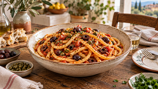 Rustic bucatini puttanesca supper with tomato sauce, sliced Kalamata olives and capers