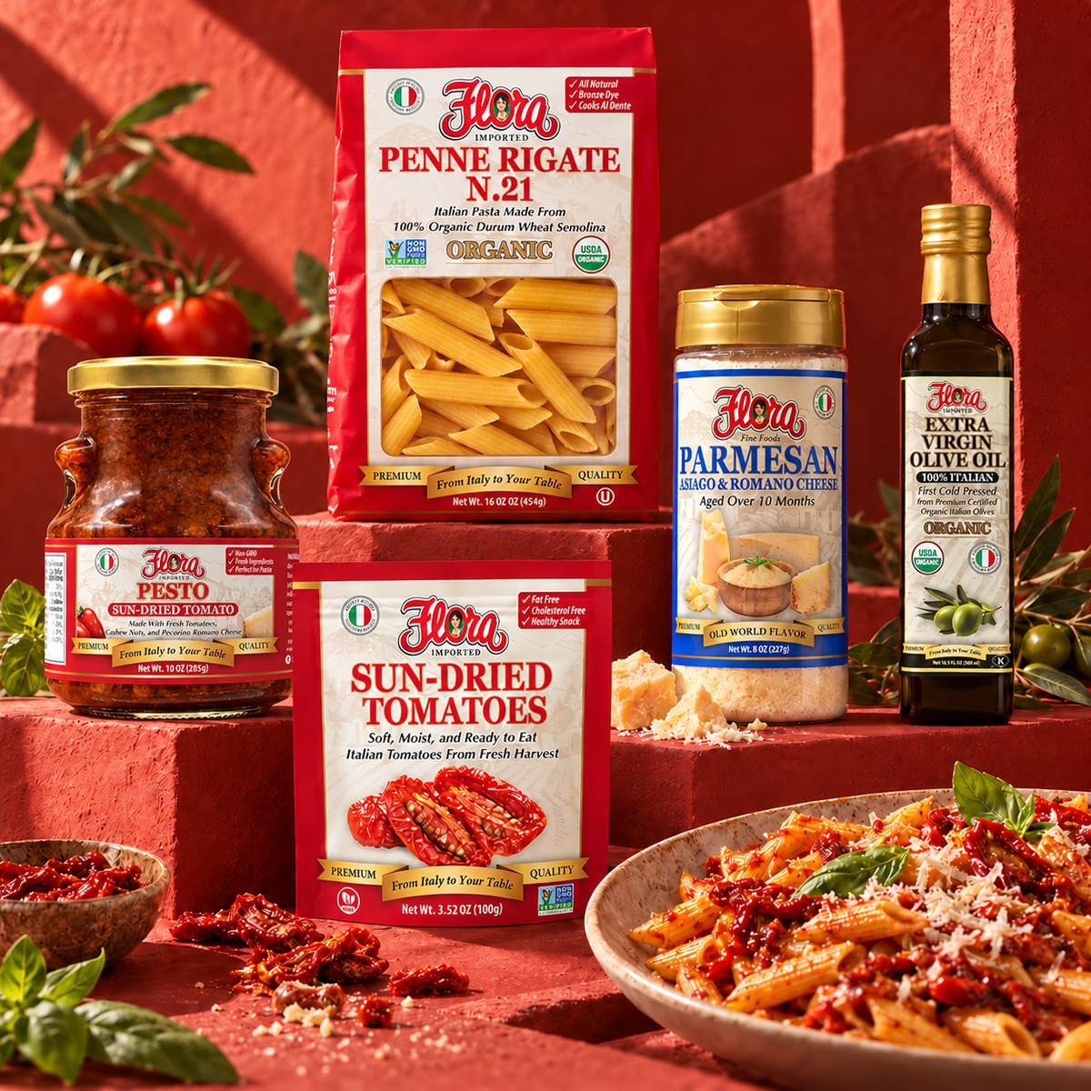 Sun-Dried Tomato Penne Duo Dinner Kit — included Flora products and serving suggestion