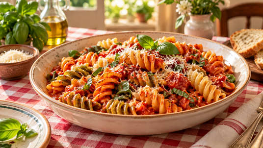 Prepared Tomato Basil Fusilloni recipe serving suggestion