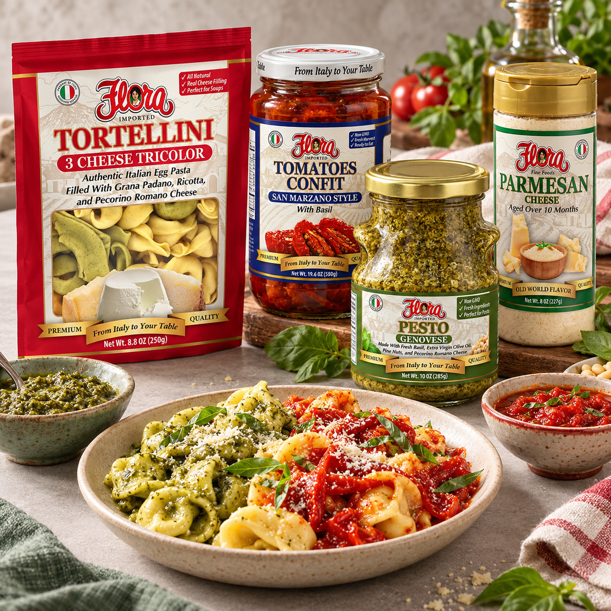 Tricolor Tortellini Two-Sauce Table — included Flora products and serving suggestion