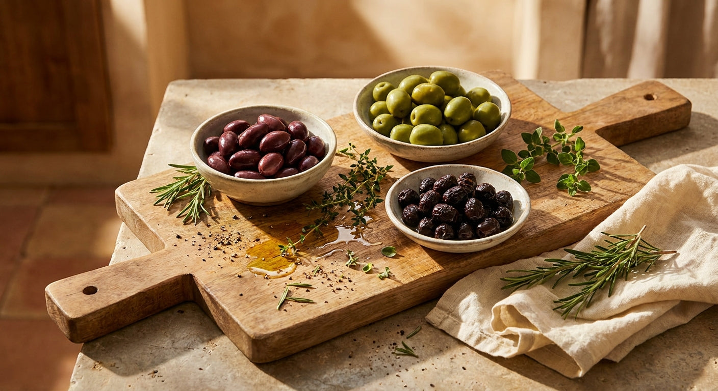 Three ceramic bowls of distinct olive varieties — deep purple Kalamata, bright green Castelvetrano, and large red Cerignola — arranged on a rustic wooden board with fresh herbs and a drizzle of olive oil.