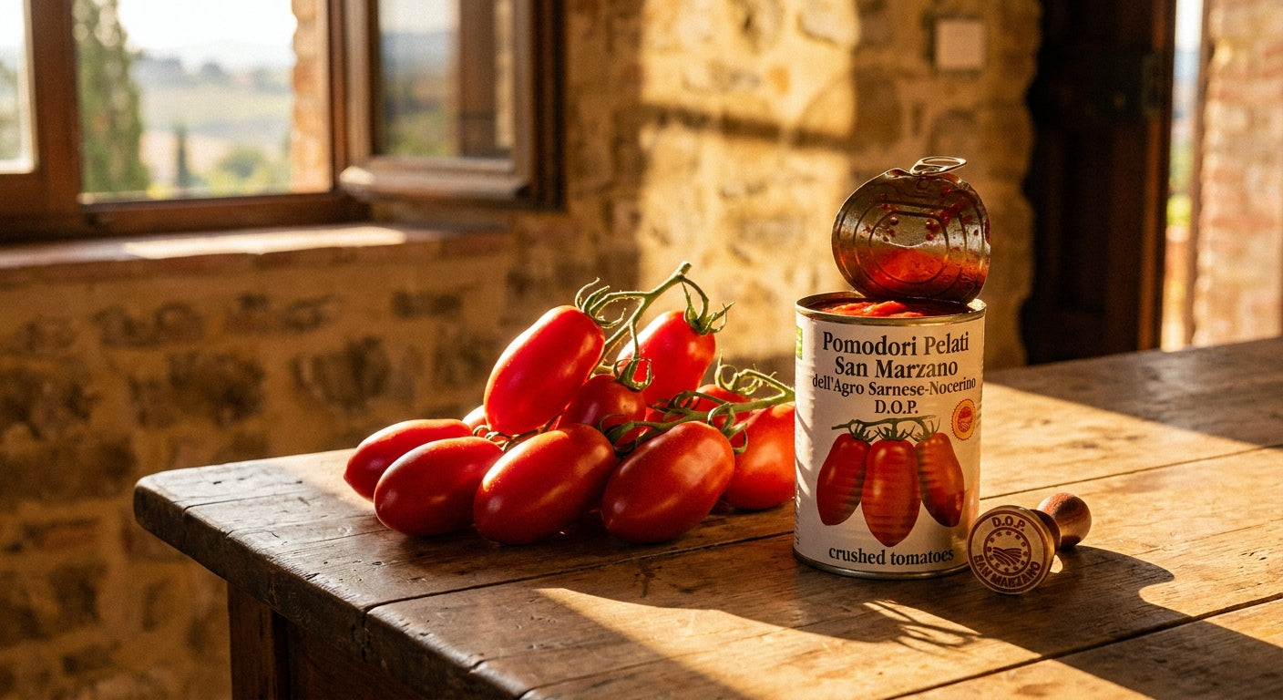 Fresh San Marzano tomatoes on the vine beside an open can of crushed tomatoes on a rustic wooden table, bathed in warm golden light.