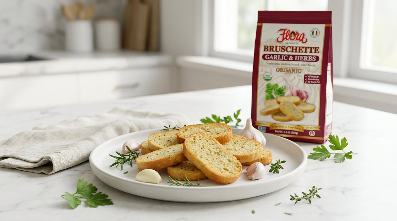 オーストリッチフロート Organic Bruschette Mini Toasts - Garlic and Herbs – Flora Foods