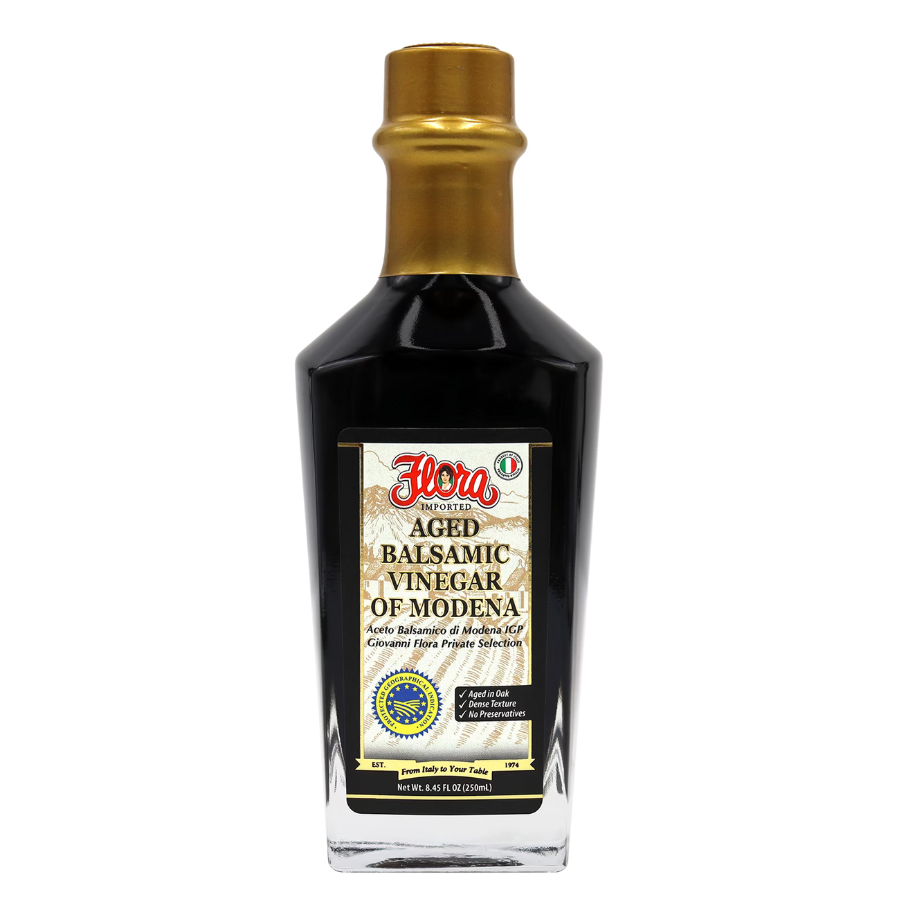 Bottle of Flora Foods aged balsamic vinegar of Modena, 8.5 fl oz, with a dark, rich liquid and label visible.