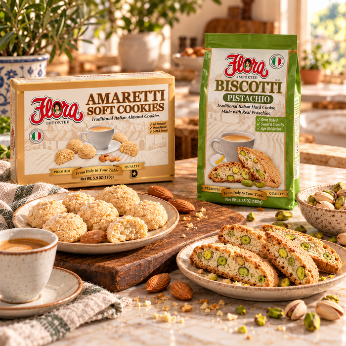 Almond & Amaretti Table Assortment — soft almond amaretti and crisp pistachio biscotti