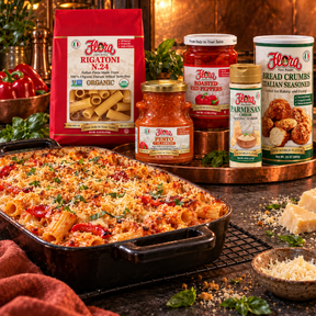 Calabrese Rigatoni Oven Night Collection — included Flora products and serving suggestion