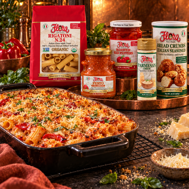 Calabrese Rigatoni Oven Night Collection — included Flora products and serving suggestion