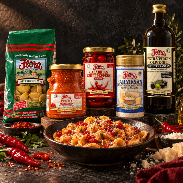 Calabrian Orecchiette Fire Night Collection with original products and a prepared pasta serving suggestion