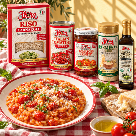 Carnaroli Two-Tomato Dinner Bundle — included Flora products and recipe serving suggestion