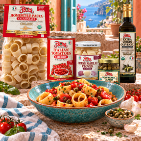 Cherry Tomato Calamarata Coastal Kitchen Kit — included Flora products and serving suggestion
