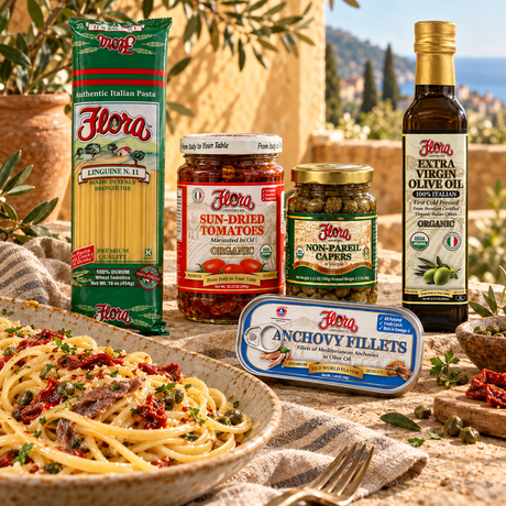 Coastal Anchovy Linguine Dinner Set with original products and prepared pasta