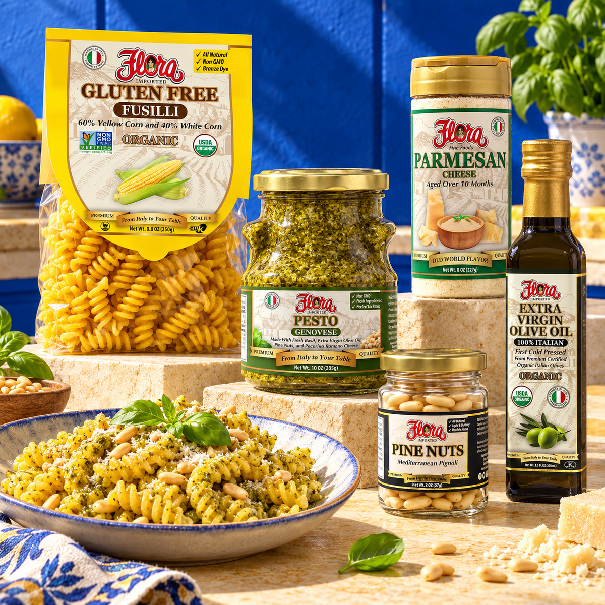 Corn Fusilli Genovese Pesto Dinner Kit — included Flora products and serving suggestion