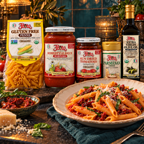 Corn Penne Rosso Italian Dinner Collection — included Flora products and serving suggestion