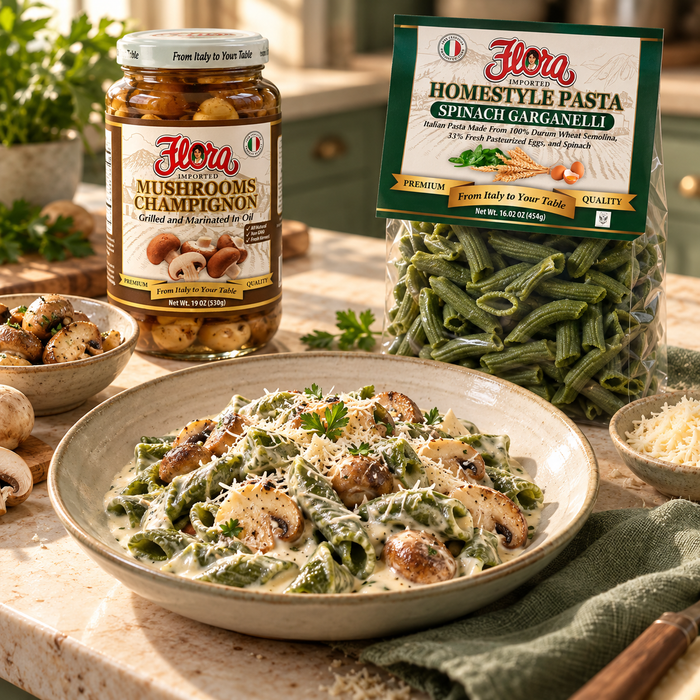 Mushrooms Make It Richer — Creamy Spinach Garganelli Comfort Collection