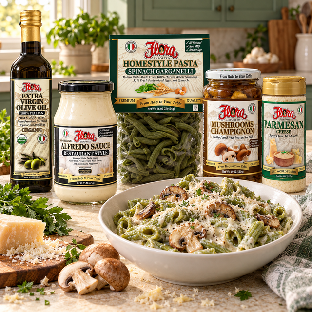 Creamy Spinach Garganelli Comfort Collection with original products and prepared pasta