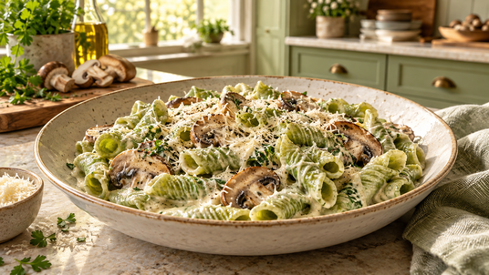 Prepared Creamy Spinach Garganelli recipe serving suggestion
