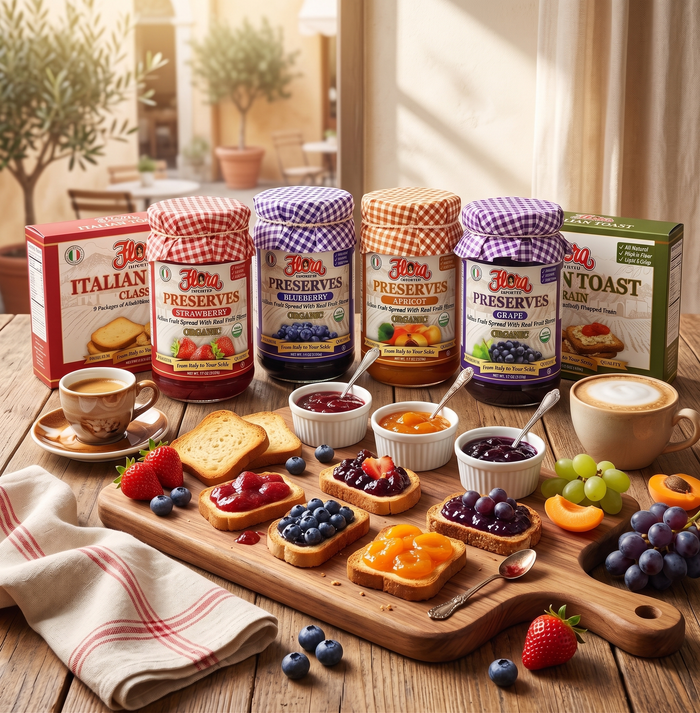 Assorted Italian breakfast foods from Flora Foods including bread, cheeses, and spreads arranged on a wooden table.