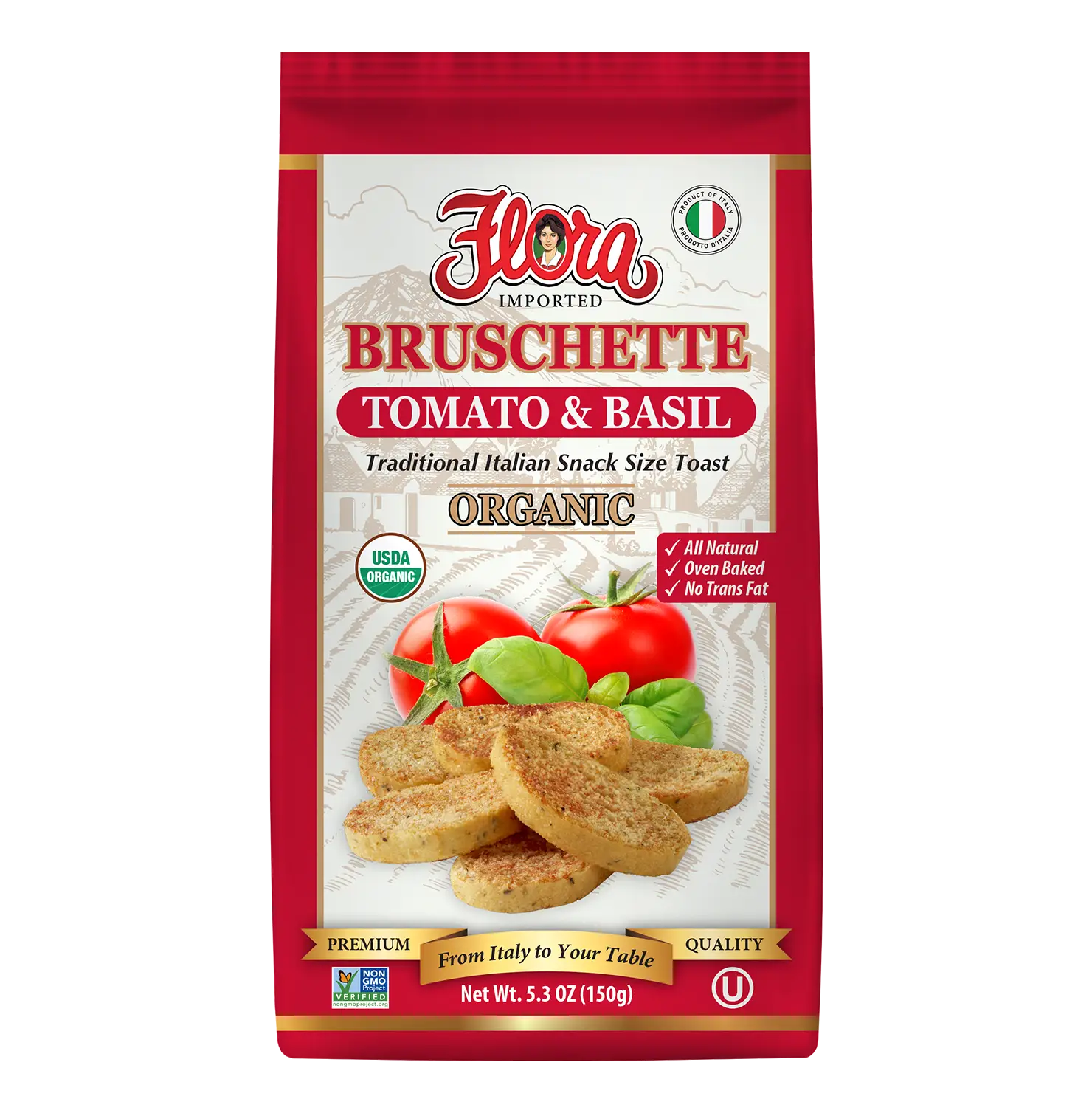 パキスタン ゴールデンクォーツNo1280 Organic Bruschette Mini Toasts - Tomato and Basil – Flora Foods