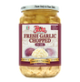 Chopped fresh garlic in oil jar by Flora Foods, 12.35 oz, ready to use with visible garlic pieces immersed in oil