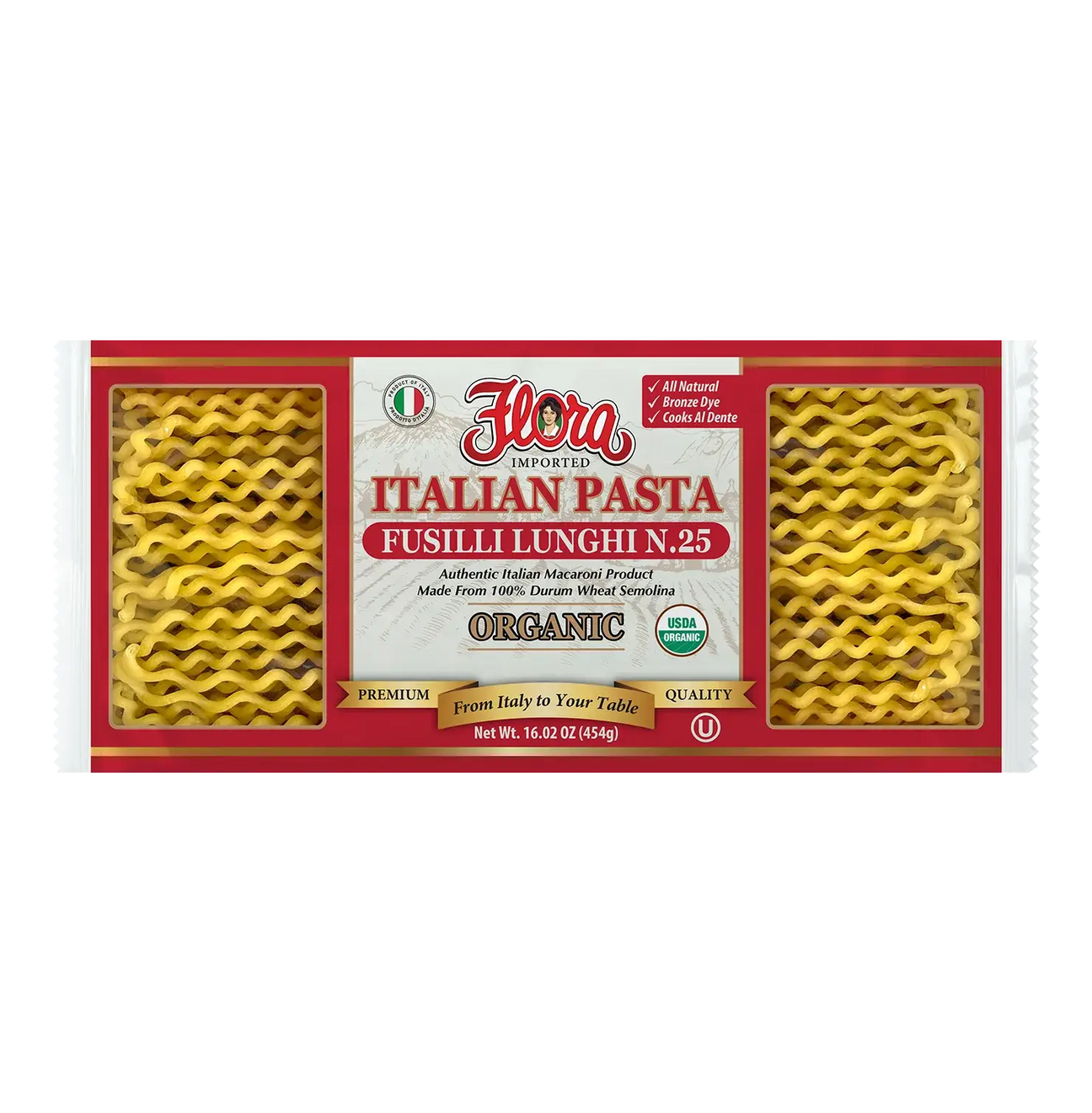 Organic Fusilli Lunghi Pasta No. 25 by Flora Foods, 16.02 oz, showing uncooked spiral pasta on a white background.