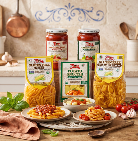 Gluten-free Italian pasta kit by Flora Foods with uncooked pasta and ingredients in a clear packaging display.