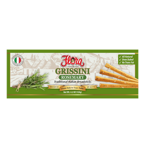 Flora Foods rosemary grissini breadsticks in 4.2 oz package, crispy Italian-style snack with herbs and crunchy texture.