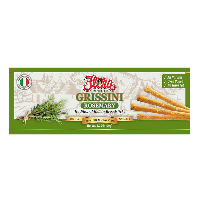 Flora Foods rosemary grissini breadsticks in 4.2 oz package, crispy Italian-style snack with herbs and crunchy texture.