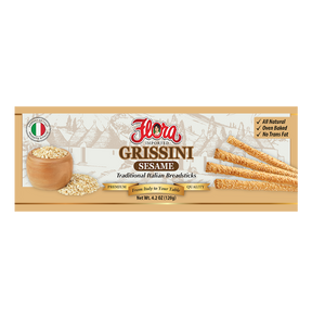 Sesame-flavored grissini breadsticks by Flora Foods, 4.2 oz package, crispy and golden with visible sesame seeds.